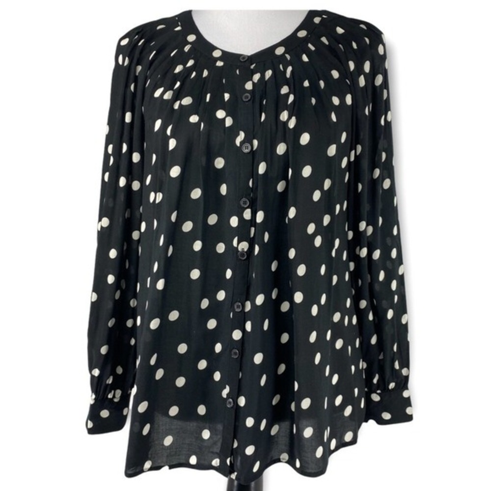 Spense Womens Polka Dot Button‎ Front Blouse Black White Long Sleeve Small NWT